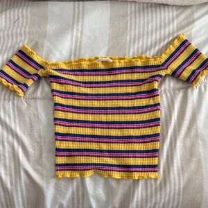 Striped Off-Shoulder Knit Top - Yellow Pink Blue